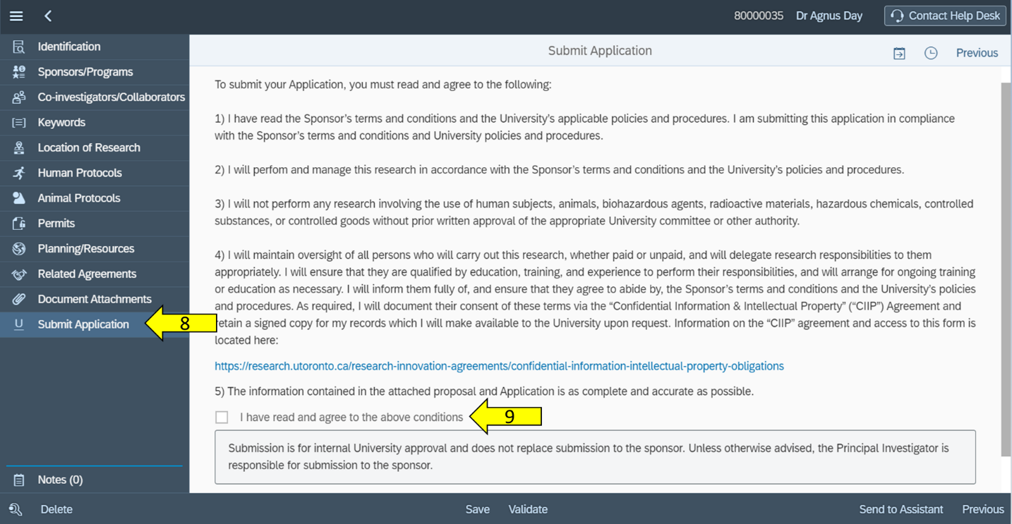 Image of MRA screen showing that the Submit application button can be found from the menu on the left. Check the box to submit.
