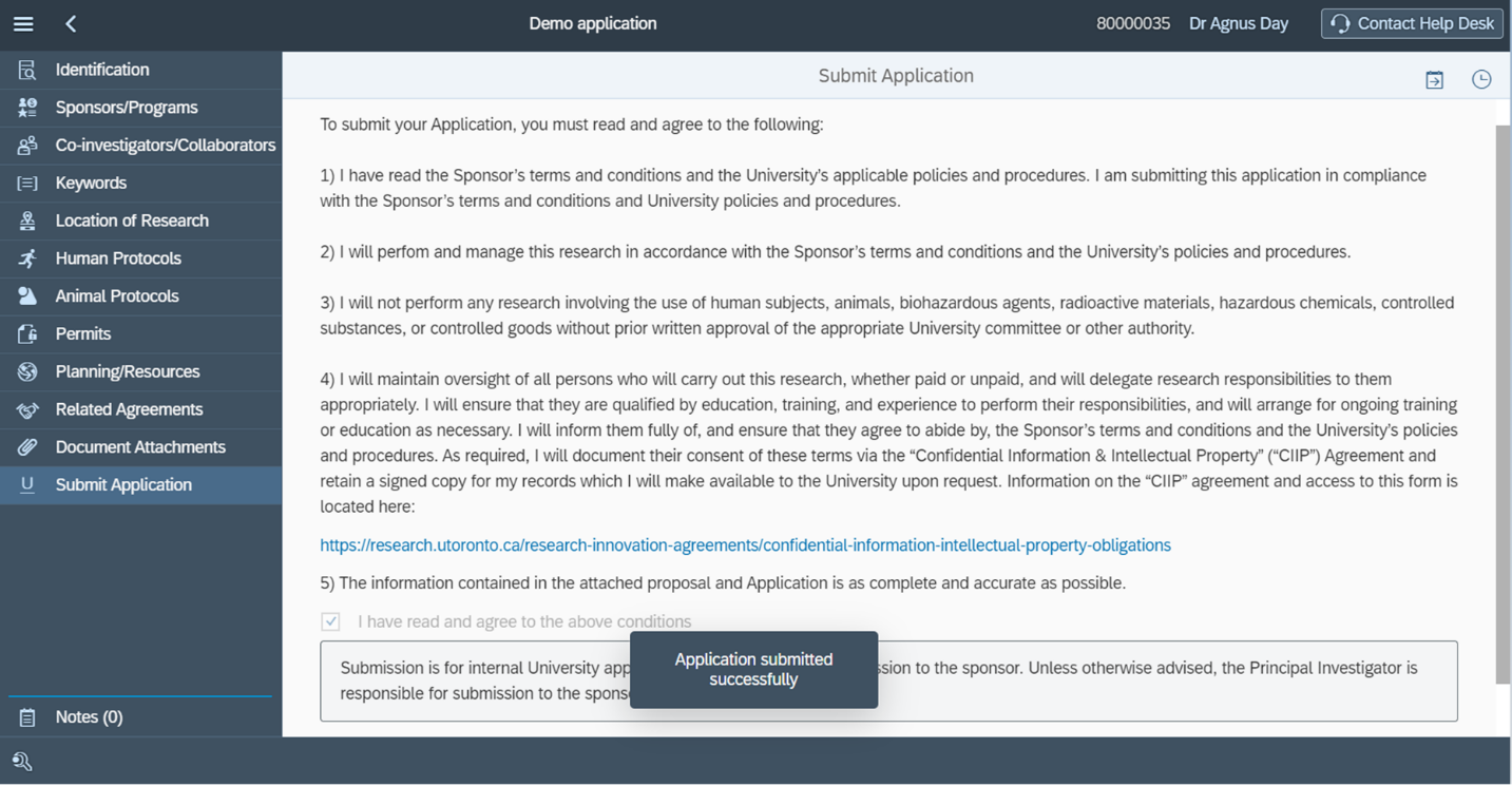 Image of MRA screen showing that the "Application submitted successfully" notification appears at the bottom of the page